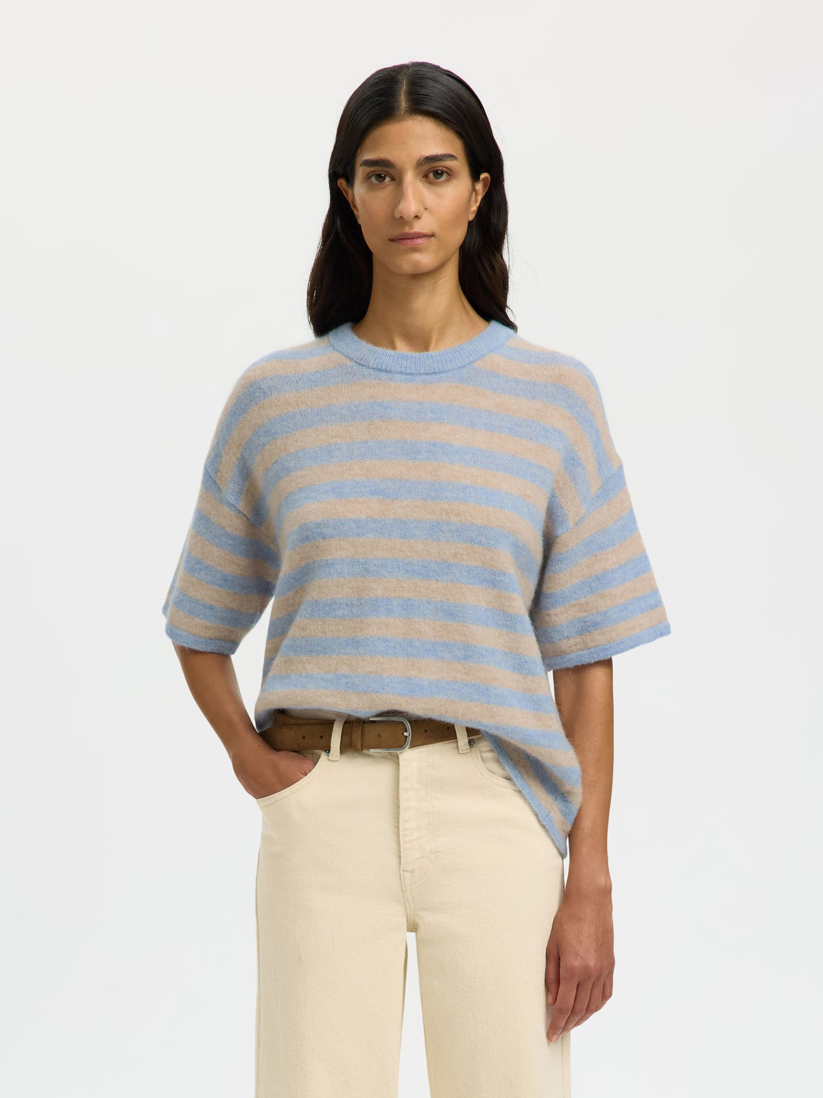 SELECTED Lulu SS Knit in Cashmere Blue, Birch Stripe