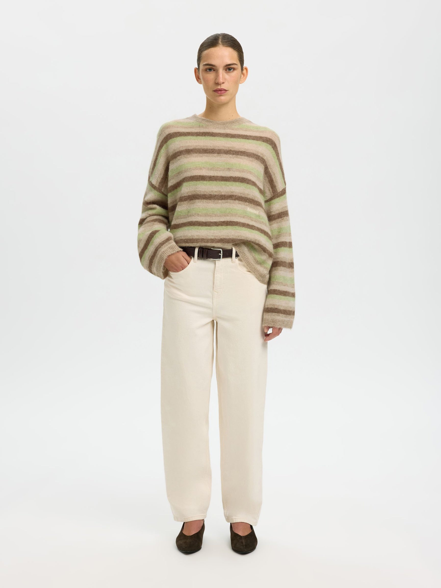SELECTED Lulu Stripe Knit in Pure Cashmere, Birch, Lint