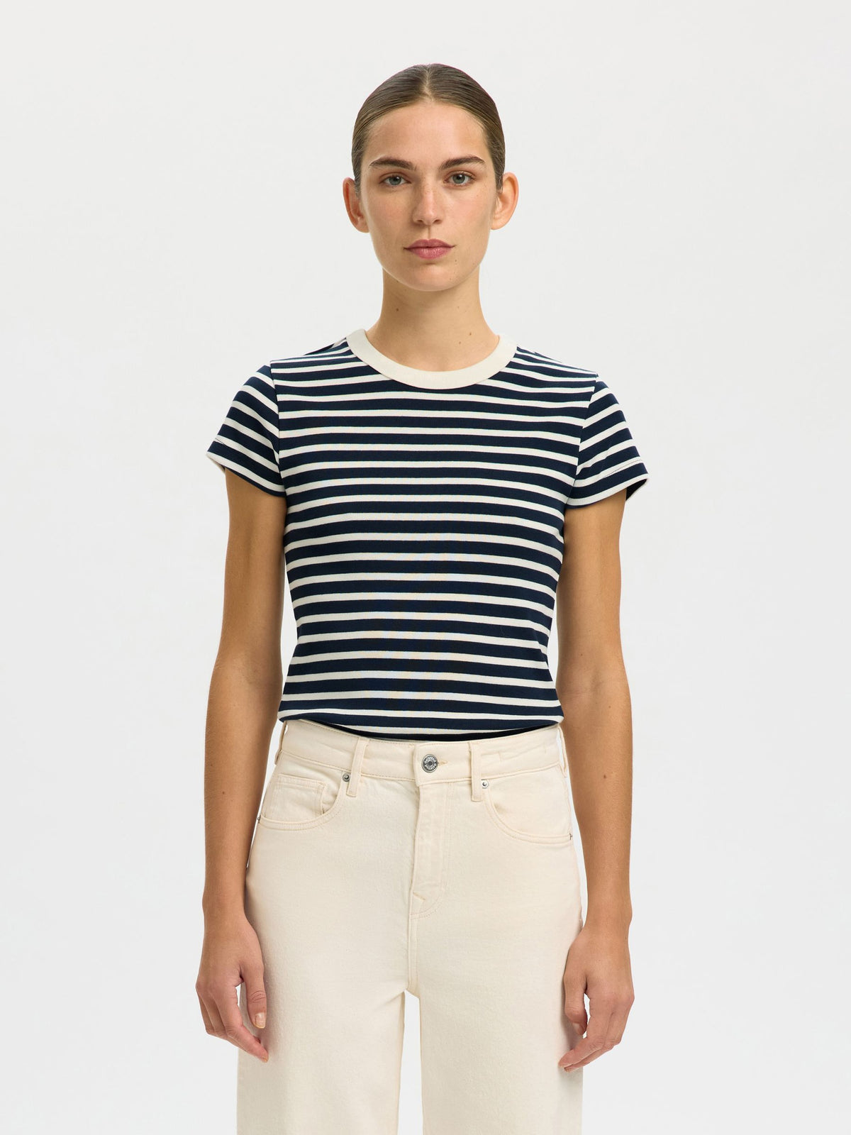 SELECTED Milly SS Tee in Dark Sapphire, Egret