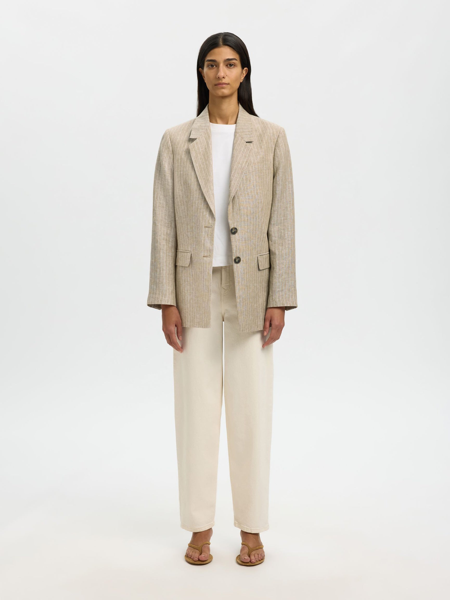 SELECTED Relaxed Pinstripe Ida Linen Blazer in Weathered Teak