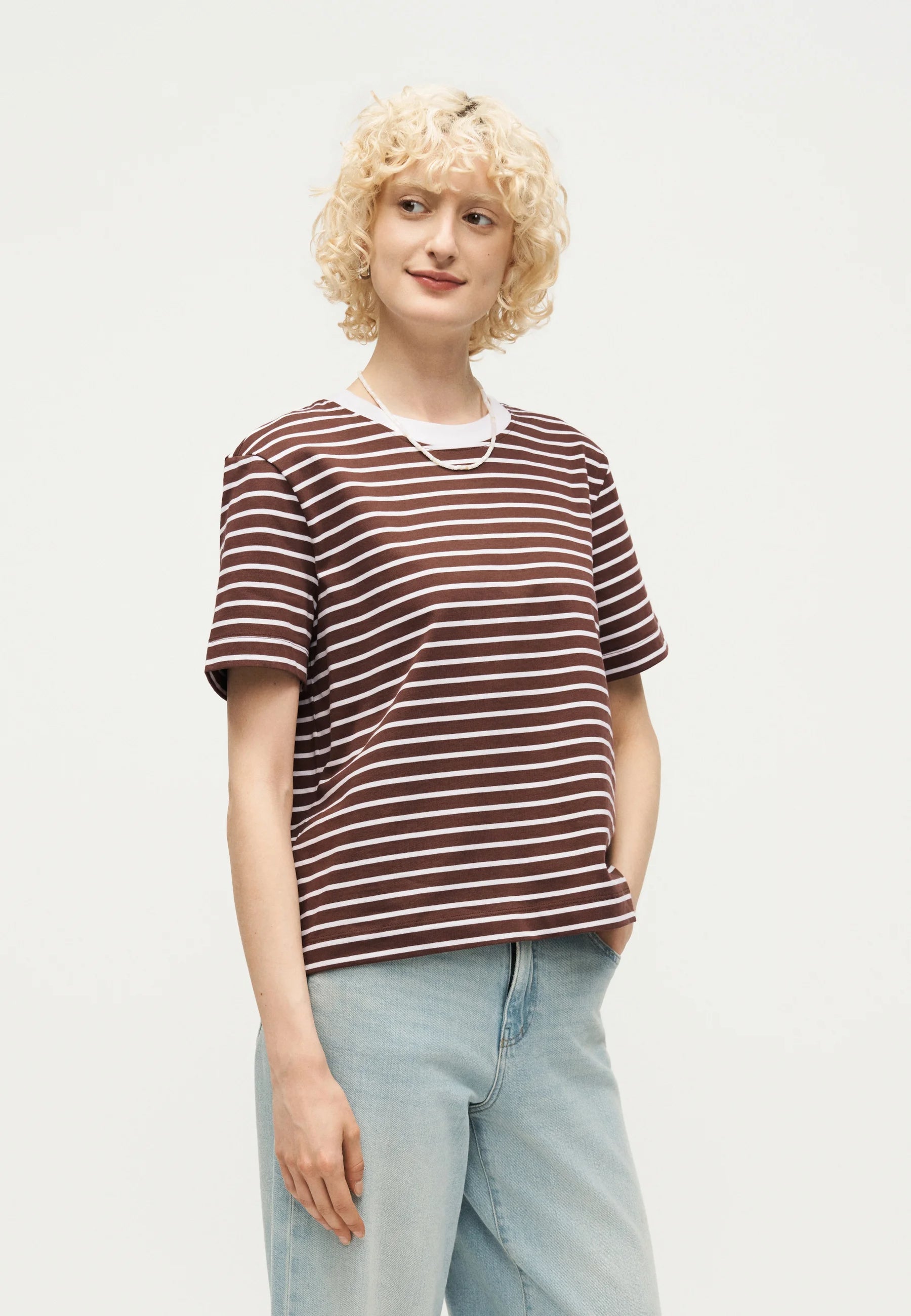 SELECTED SS Boxy Striped Tee in Chestnut & White