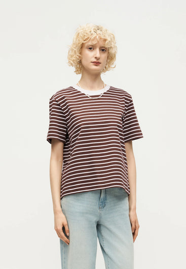 SELECTED SS Boxy Striped Tee in Chestnut & White