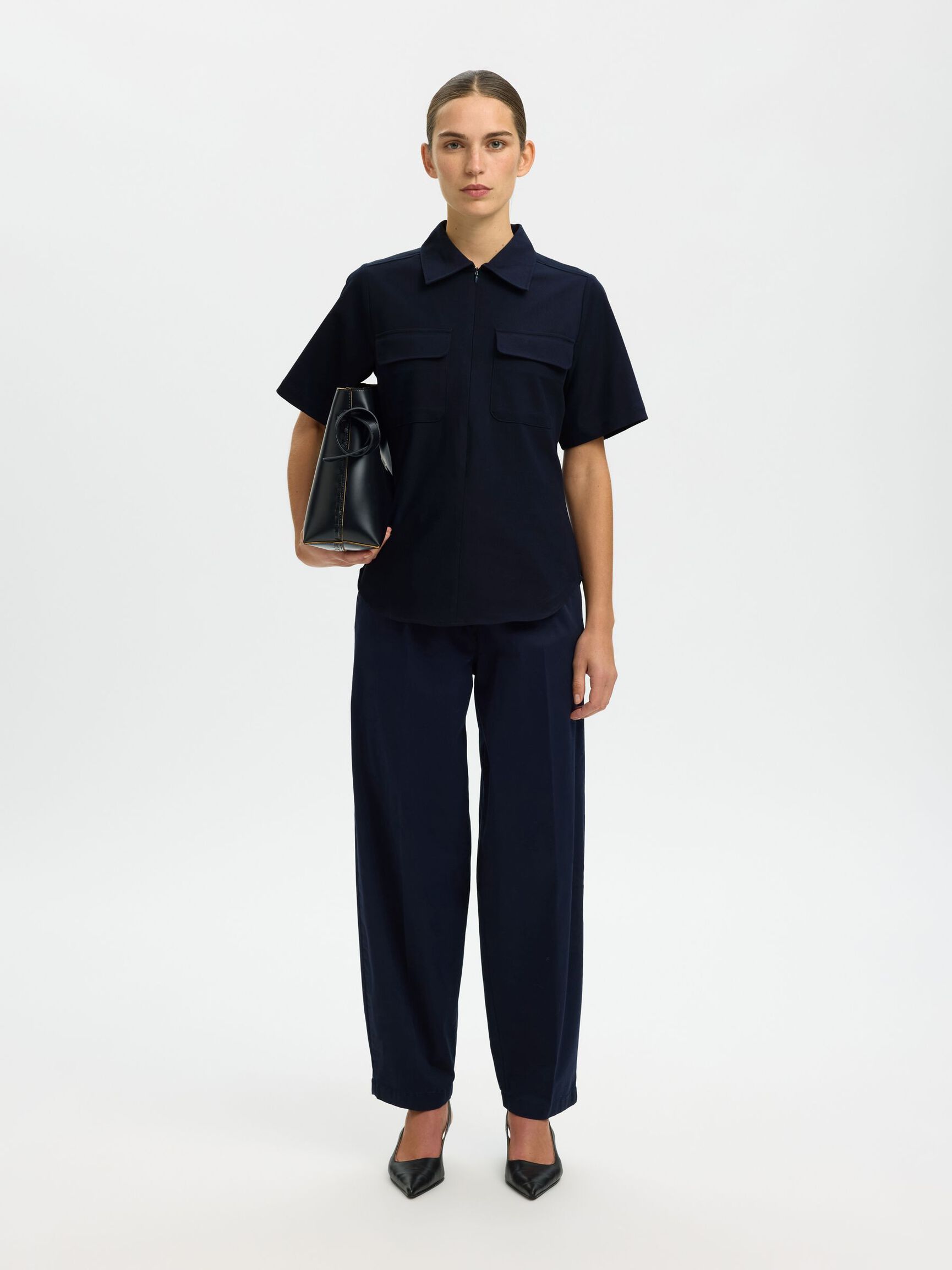 SELECTED Tora Slim SS Zip Shirt in Dk Sapphire