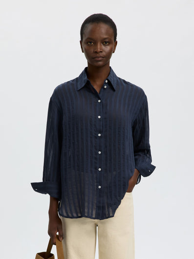 SELECTED Toran Oversized LS Striped Shirt in Dark Sapphire Stripes