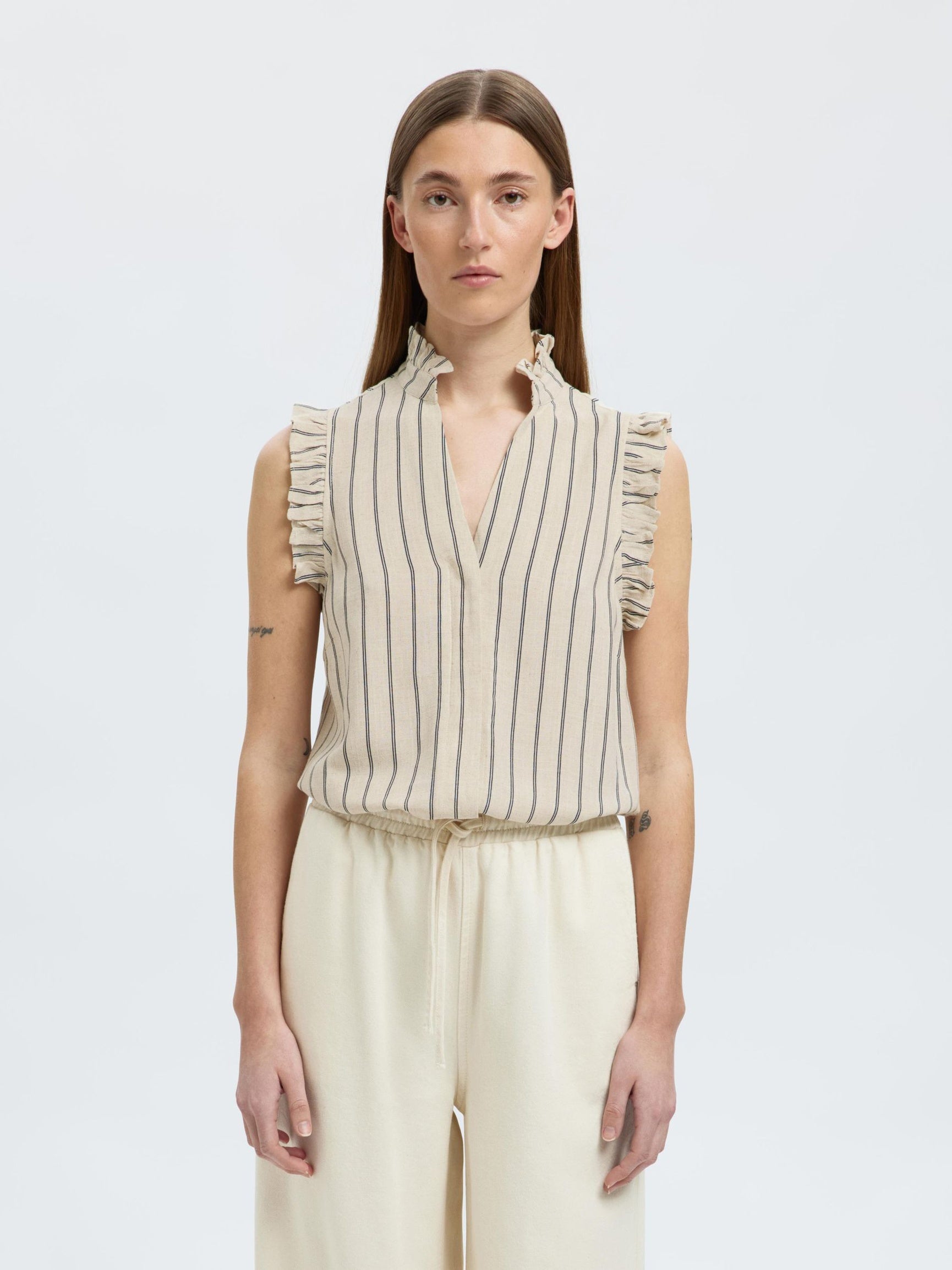 SELECTED Viva SL Ruffle Striped Sun Top in Sandshell, Chocolate Chip