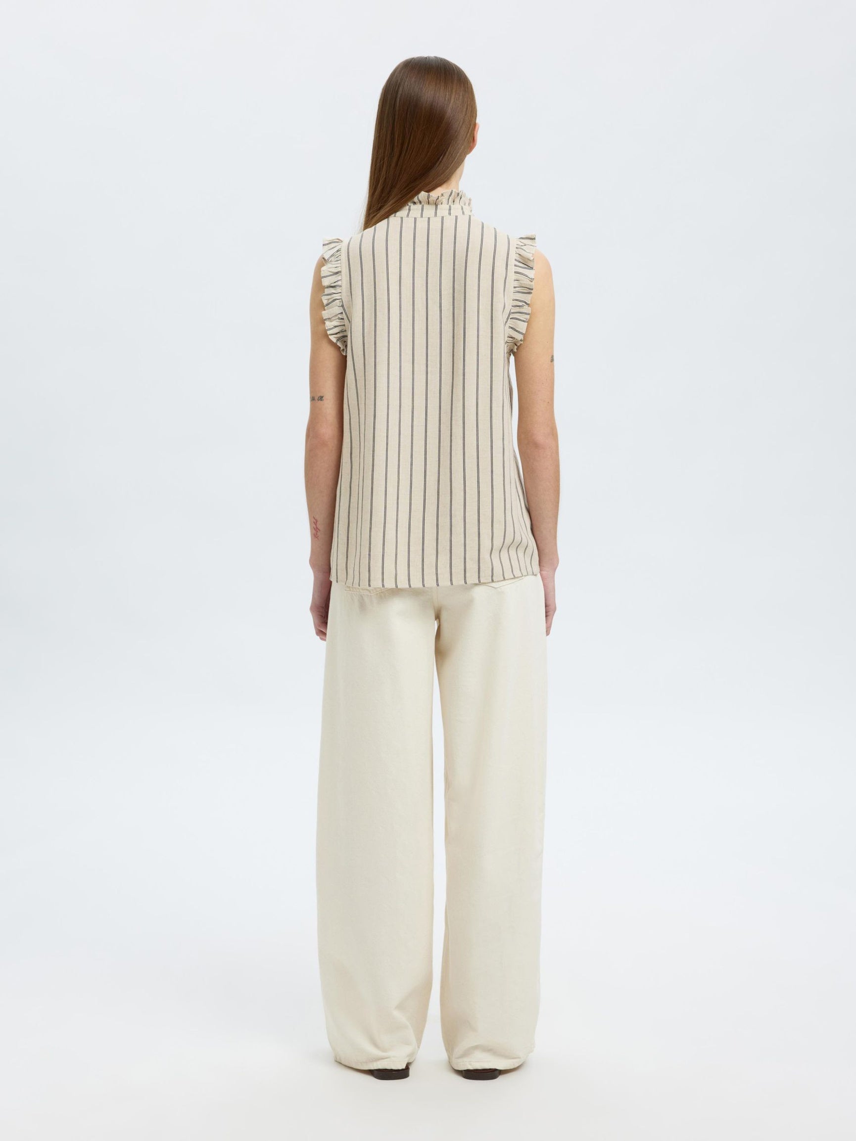 SELECTED Viva SL Ruffle Striped Sun Top in Sandshell, Chocolate Chip