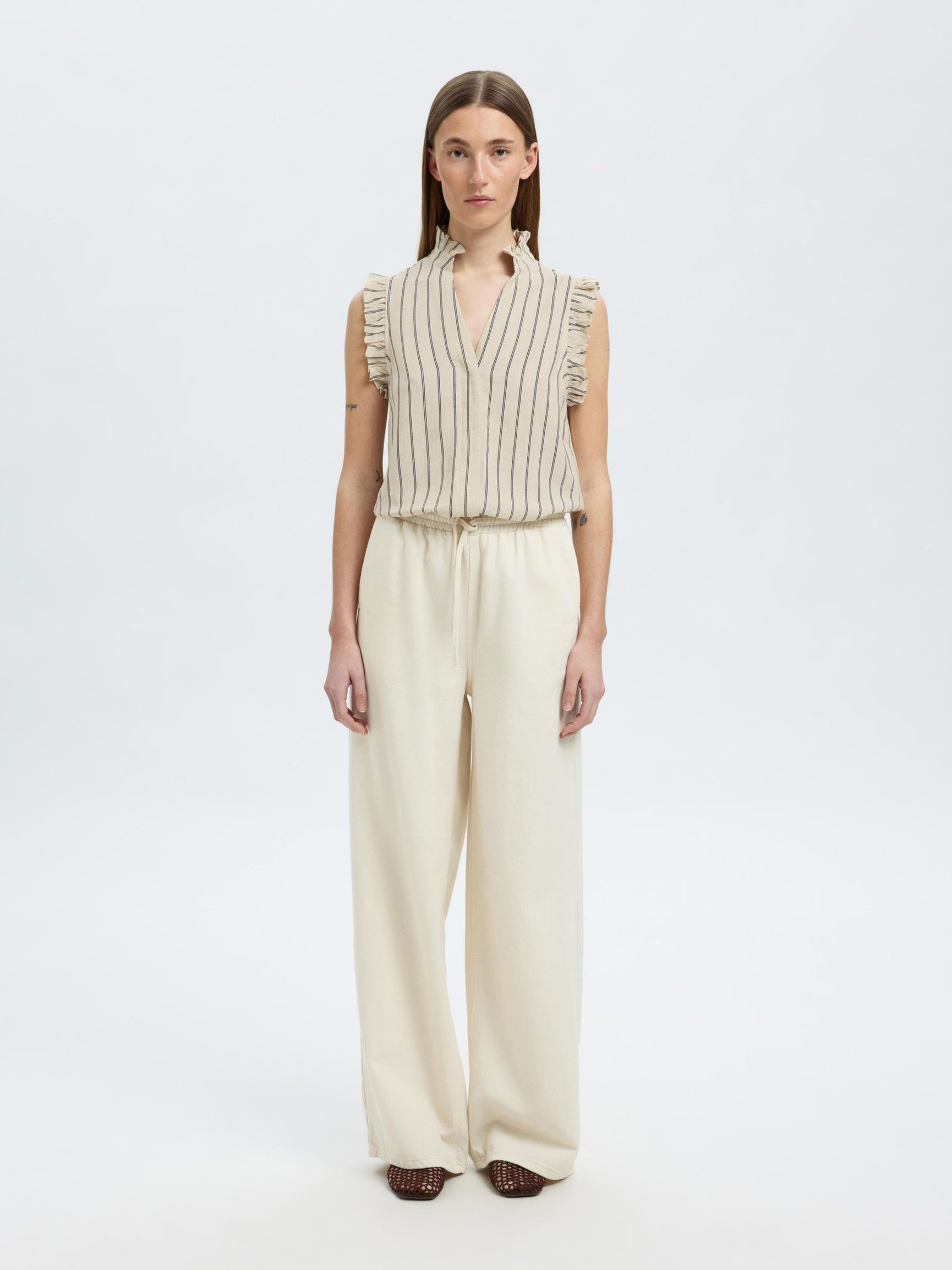 SELECTED Viva SL Ruffle Striped Sun Top in Sandshell, Chocolate Chip