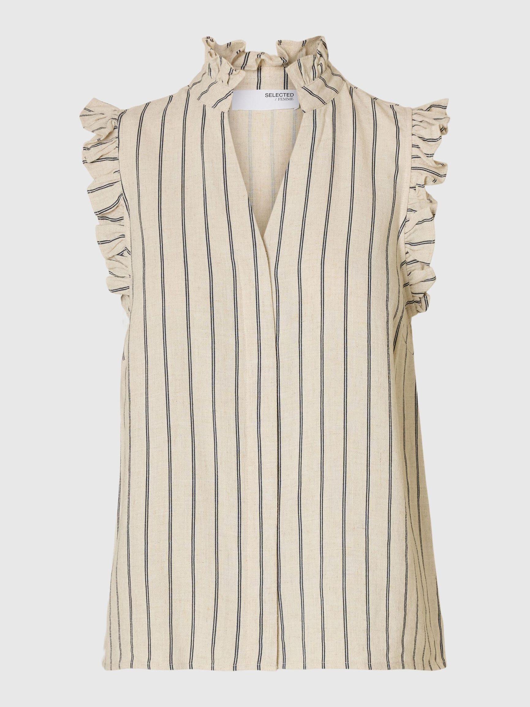 SELECTED Viva SL Ruffle Striped Sun Top in Sandshell, Chocolate Chip