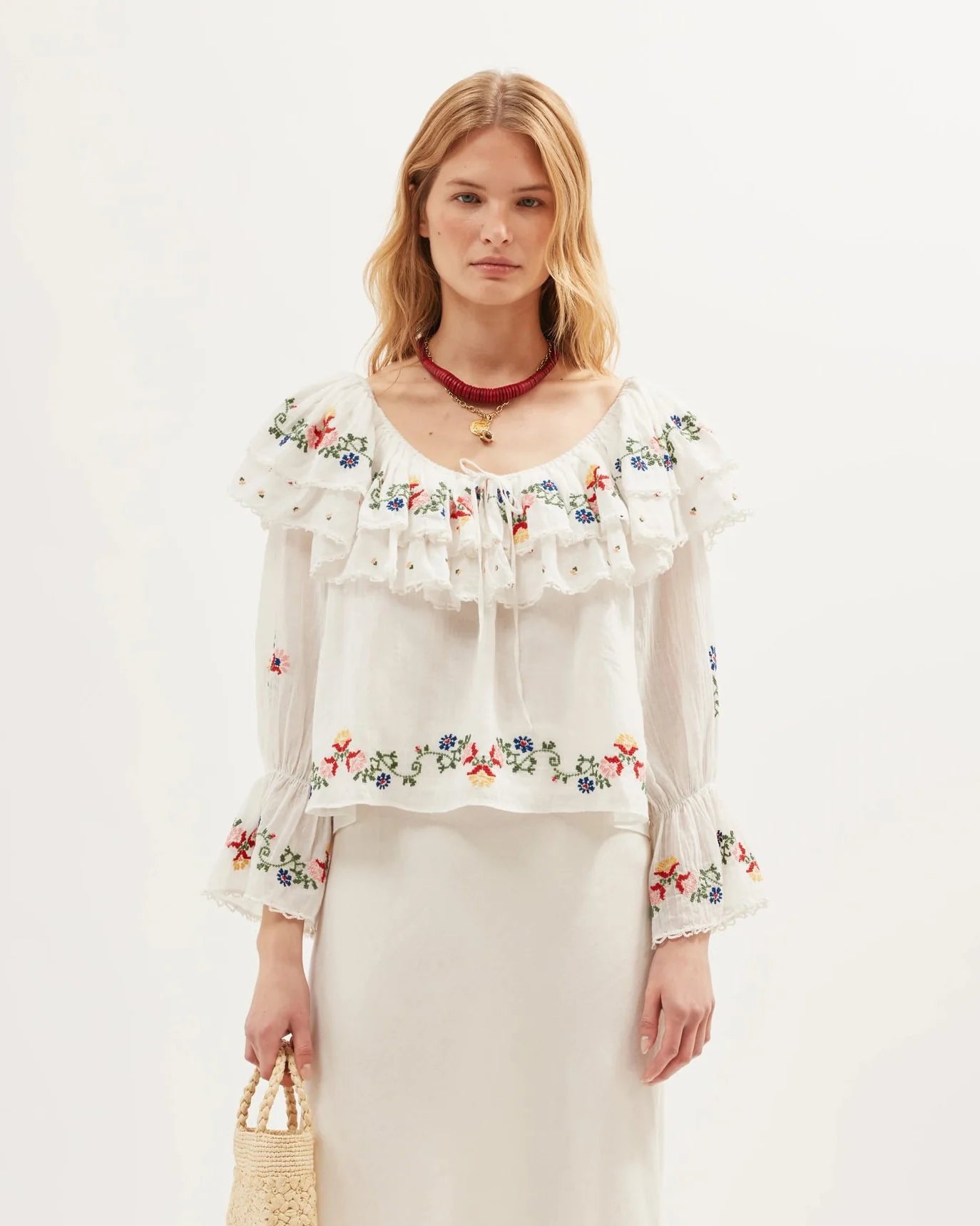 RIXO Maurine Top in Lilia Embroidery Ivory