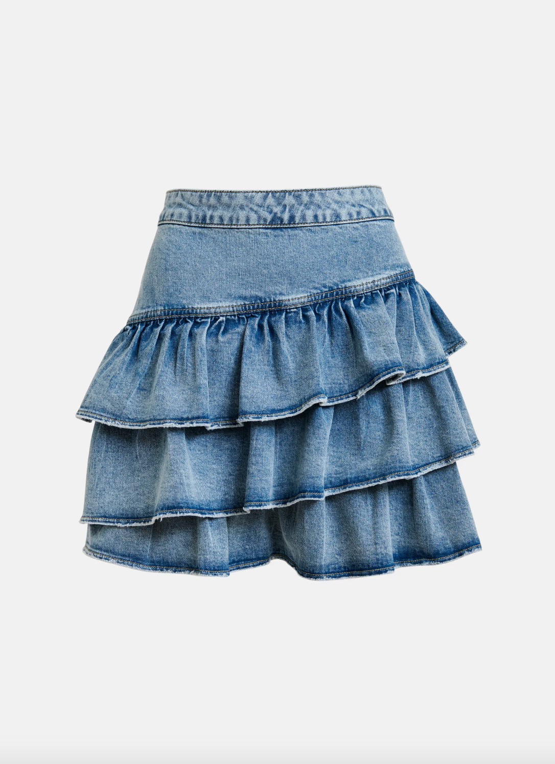 Essentiel Antwerp Ja Ruffled Denim Mini Skirt in Bright Sky