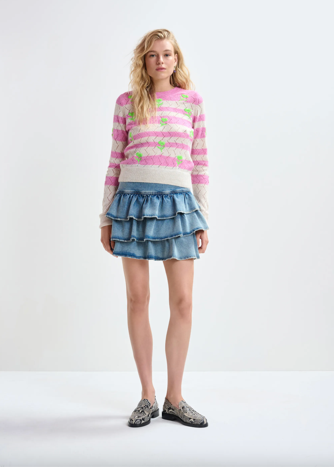 Essentiel Antwerp Ja Ruffled Denim Mini Skirt in Bright Sky