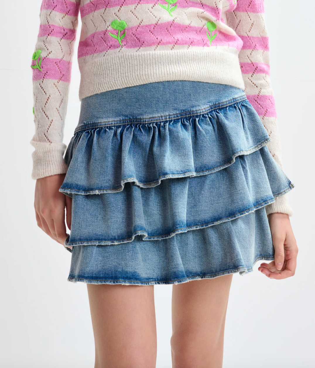 Essentiel Antwerp Ja Ruffled Denim Mini Skirt in Bright Sky
