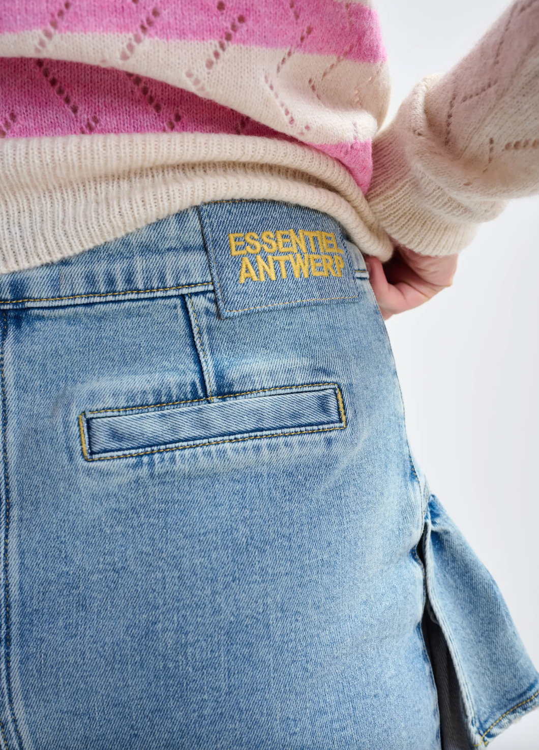 Essentiel Antwerp Ja Ruffled Denim Mini Skirt in Bright Sky