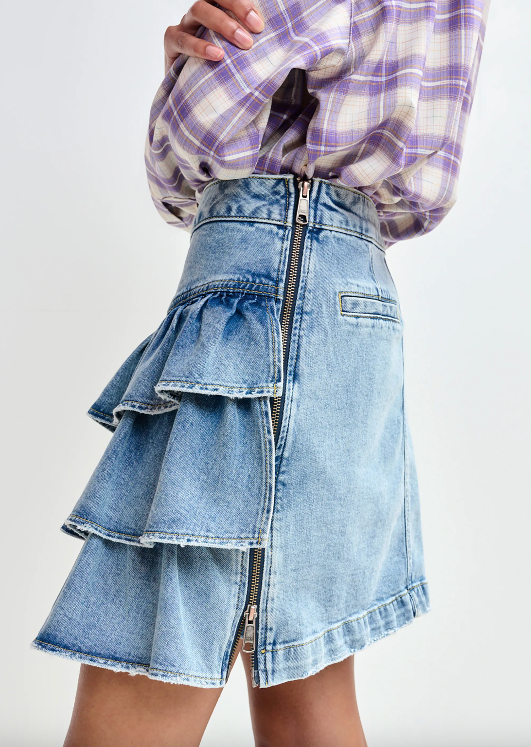 Essentiel Antwerp Ja Ruffled Denim Mini Skirt in Bright Sky
