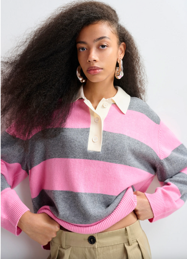 Essentiel Antwerp Jarn Striped Knit Polo in Pinky Sugar