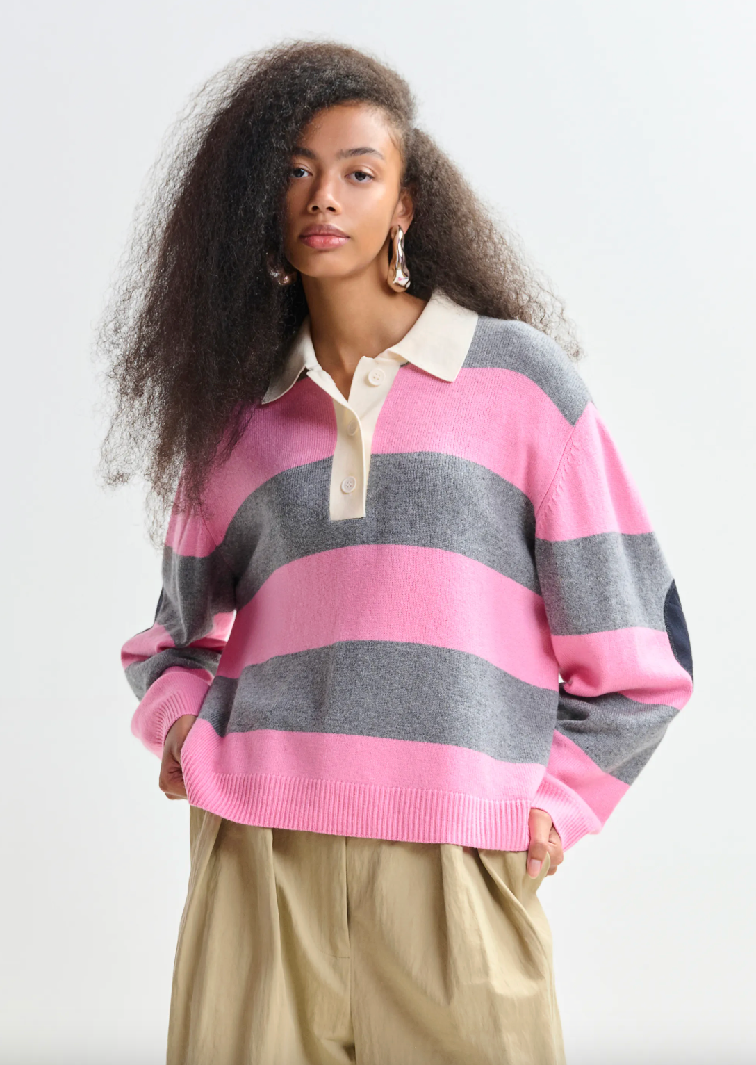 Essentiel Antwerp Jarn Striped Knit Polo in Pinky Sugar