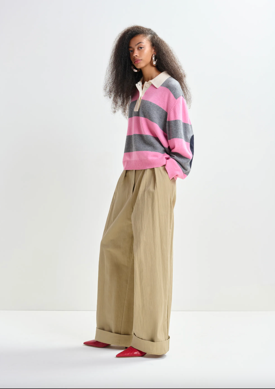 Essentiel Antwerp Jarn Striped Knit Polo in Pinky Sugar