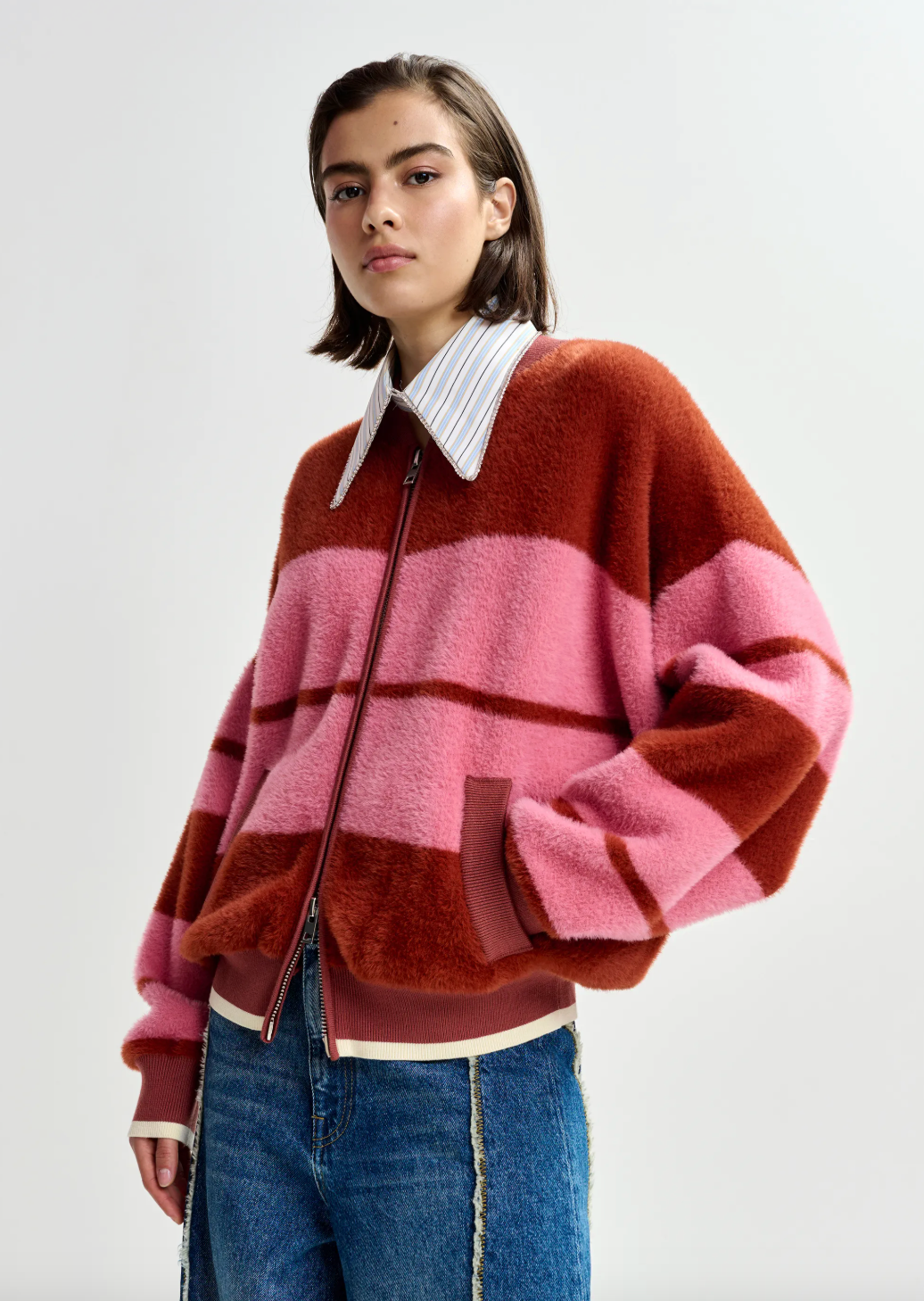 Essentiel Antwerp Jicama Striped Knit Jacket in Burned Red