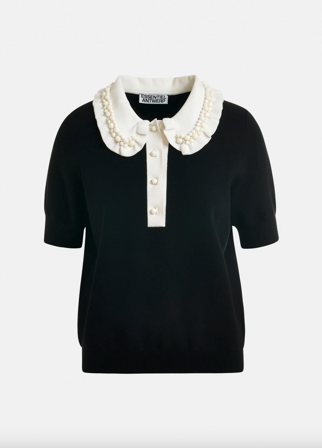 Essentiel Antwerp Jewelry Embroidered Knit Polo in Black