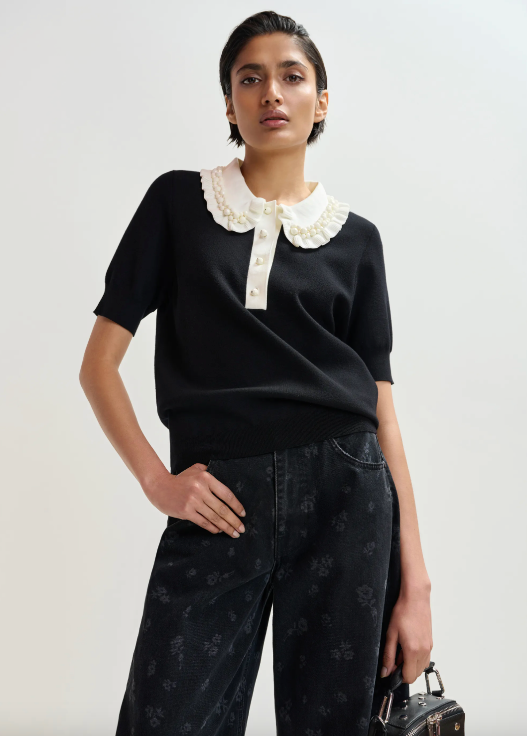 Essentiel Antwerp Jewelry Embroidered Knit Polo in Black