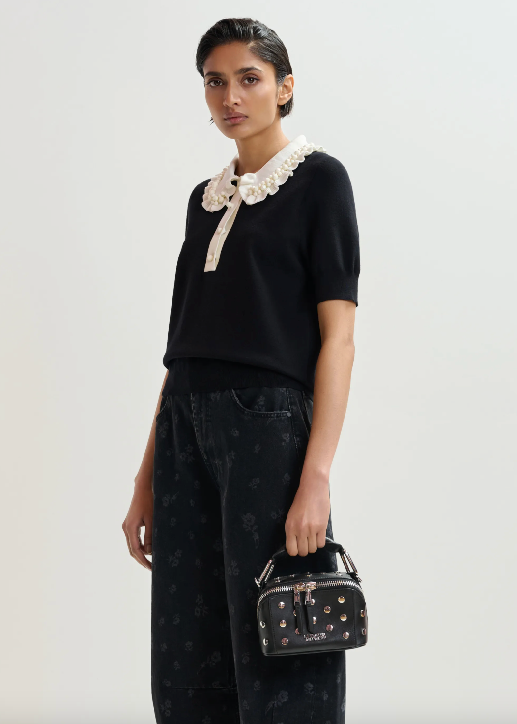 Essentiel Antwerp Jewelry Embroidered Knit Polo in Black