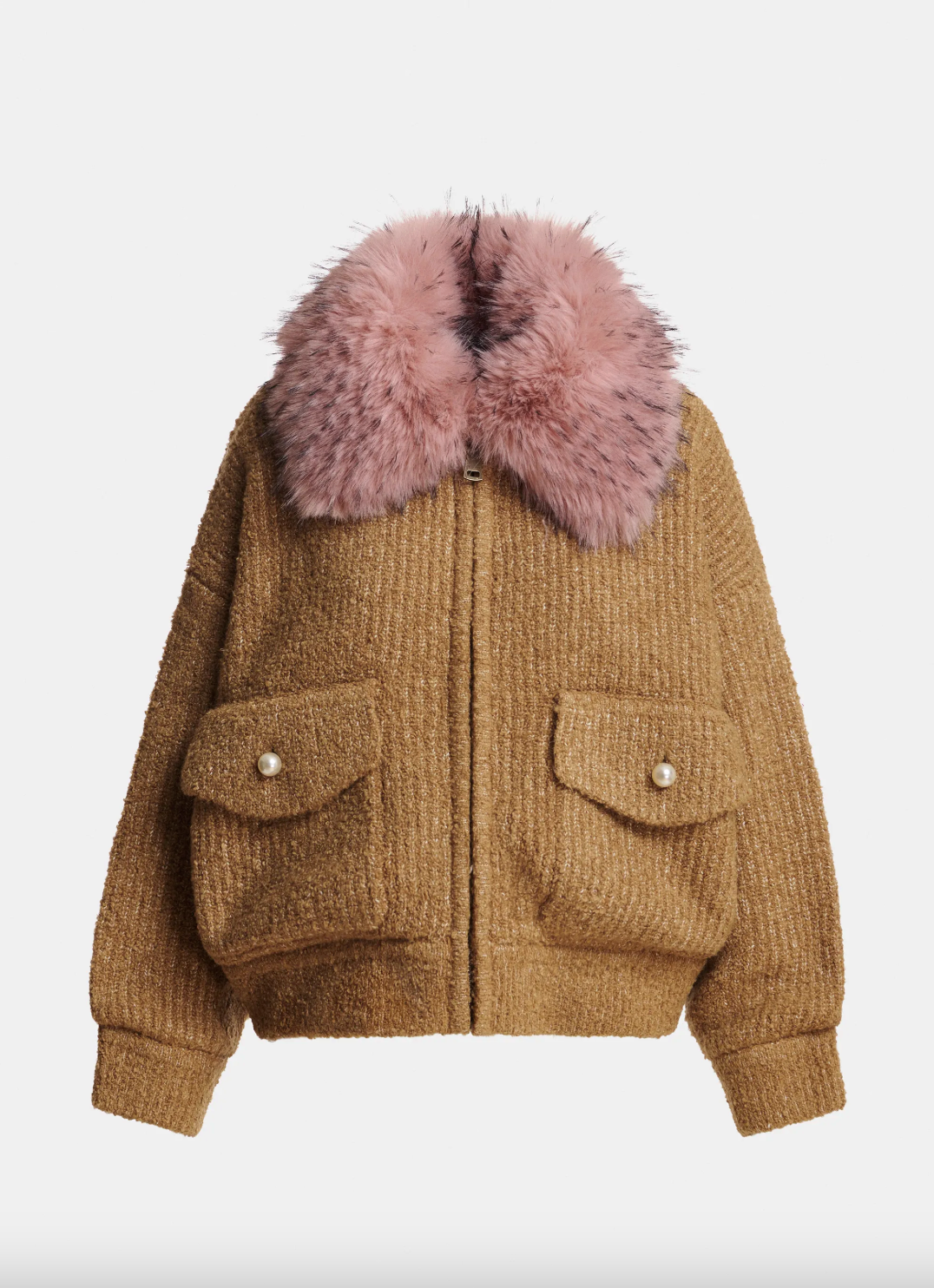 Essentiel Antwerp Kanada Knitted Jacket with Fur - Camel Club
