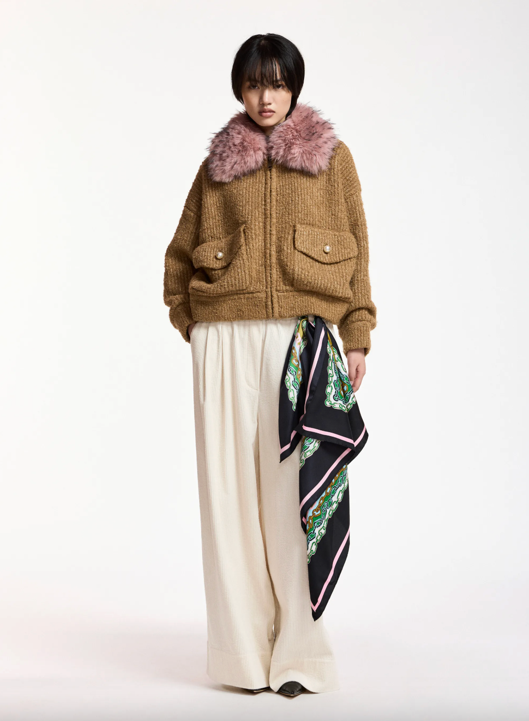 Essentiel Antwerp Kanada Knitted Jacket with Fur - Camel Club
