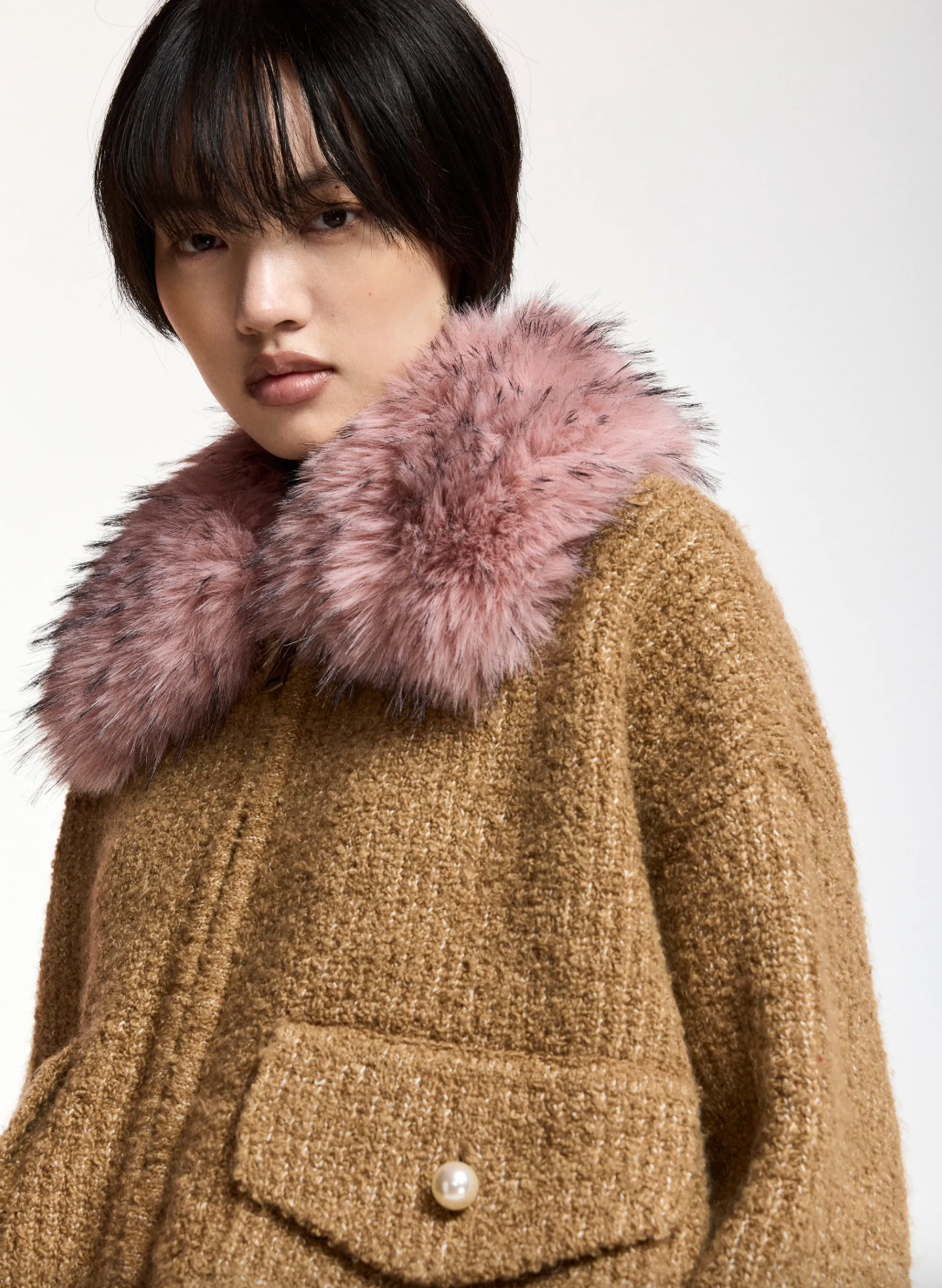 Essentiel Antwerp Kanada Knitted Jacket with Fur - Camel Club