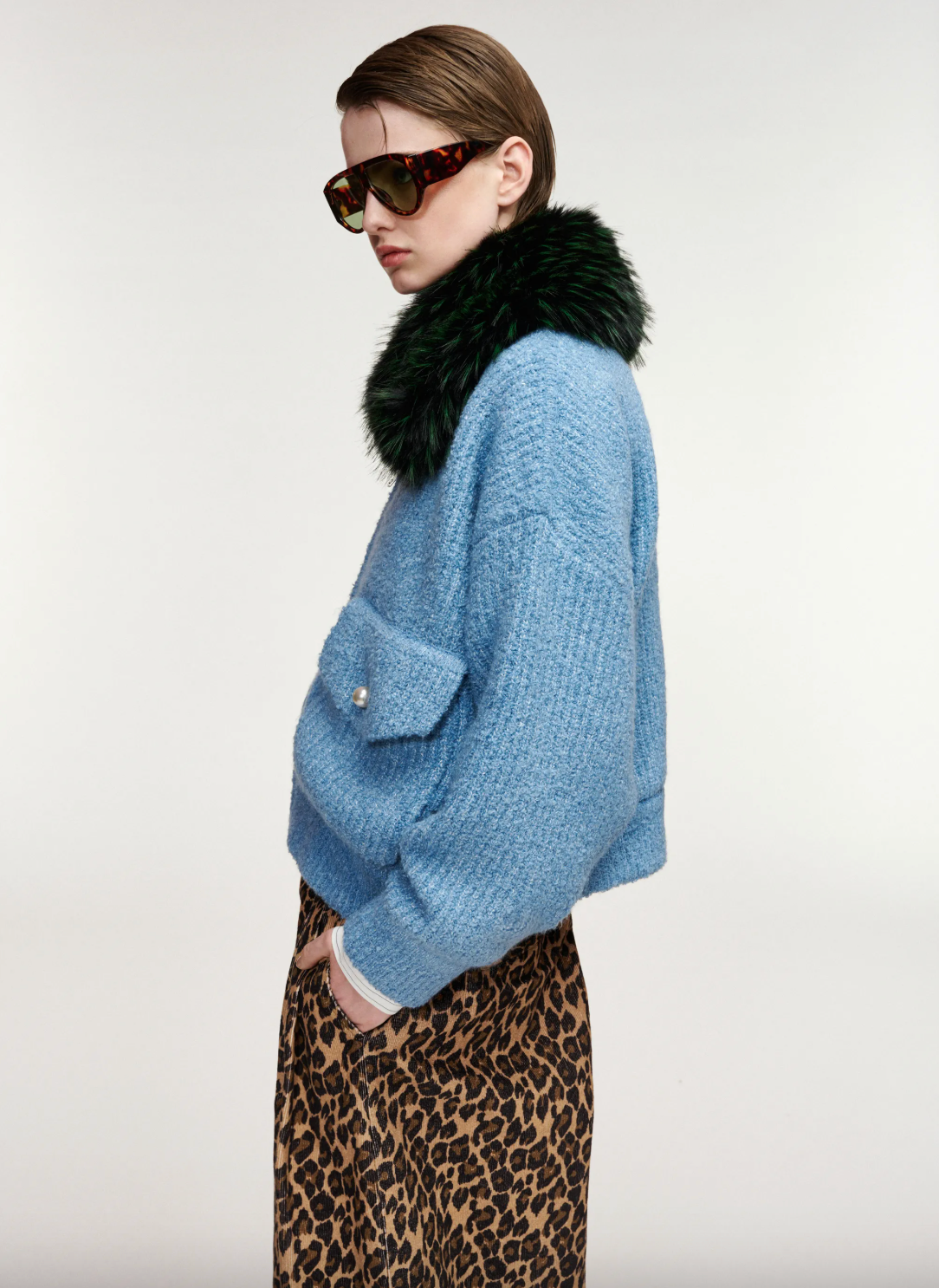 Essentiel Antwerp Kanada Knitted Jacket with Fur Collar - Azure Affair