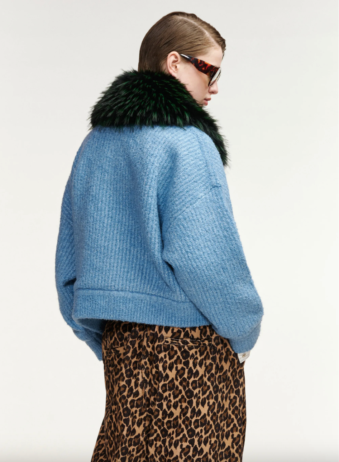 Essentiel Antwerp Kanada Knitted Jacket with Fur Collar - Azure Affair