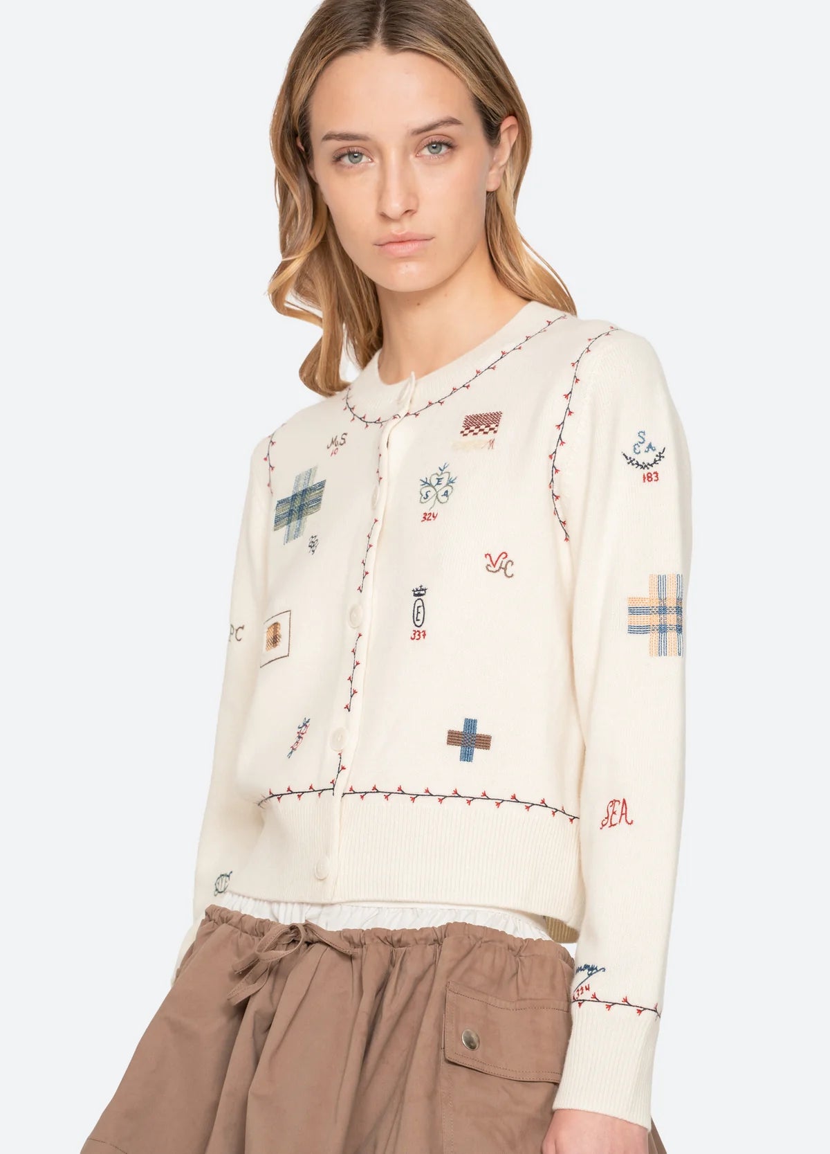 Sea New York Claira Emb Knit Cardigan in Cream