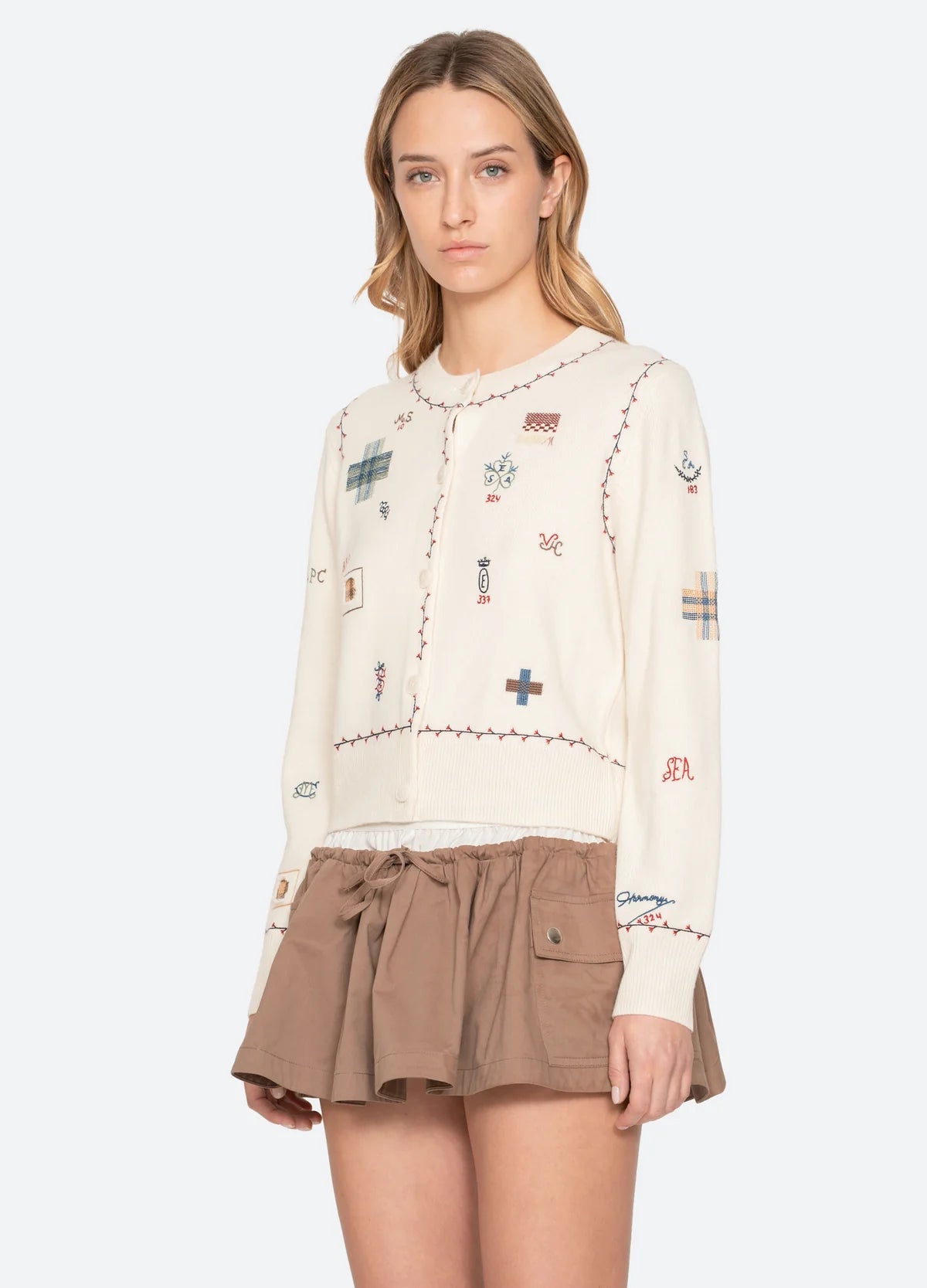 Sea New York Claira Emb Knit Cardigan in Cream
