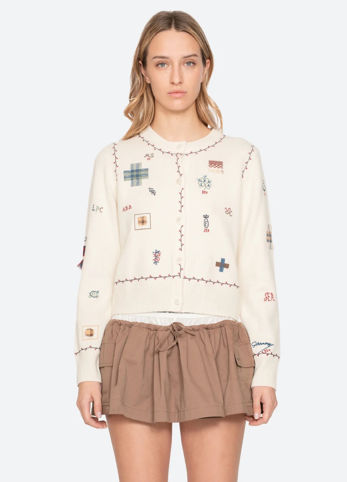 Sea New York Claira Emb Knit Cardigan in Cream