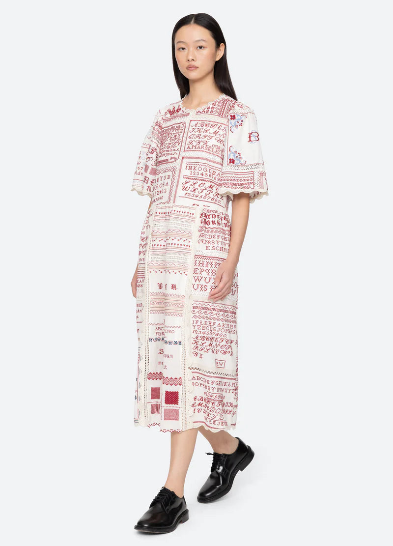 Sea New York Kit Embroidery SS Midi Dress in Cream