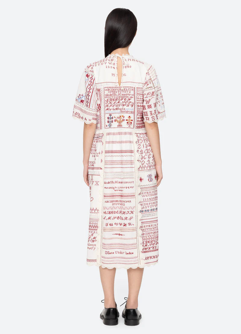 Sea New York Kit Embroidery SS Midi Dress in Cream