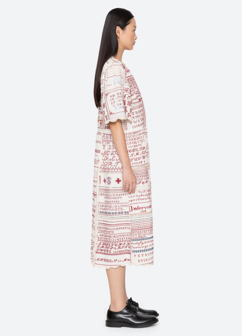 Sea New York Kit Embroidery SS Midi Dress in Cream