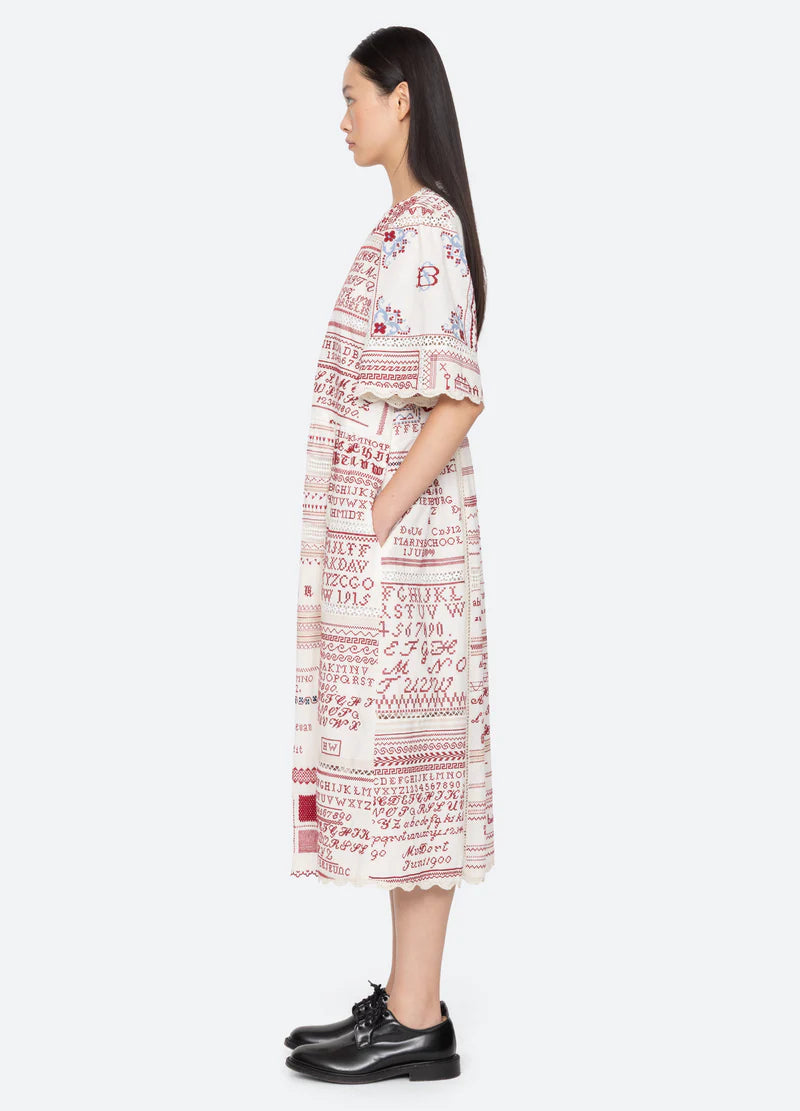 Sea New York Kit Embroidery SS Midi Dress in Cream