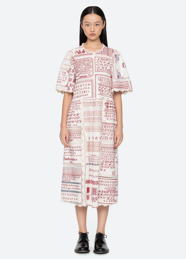 Sea New York Kit Embroidery SS Midi Dress in Cream