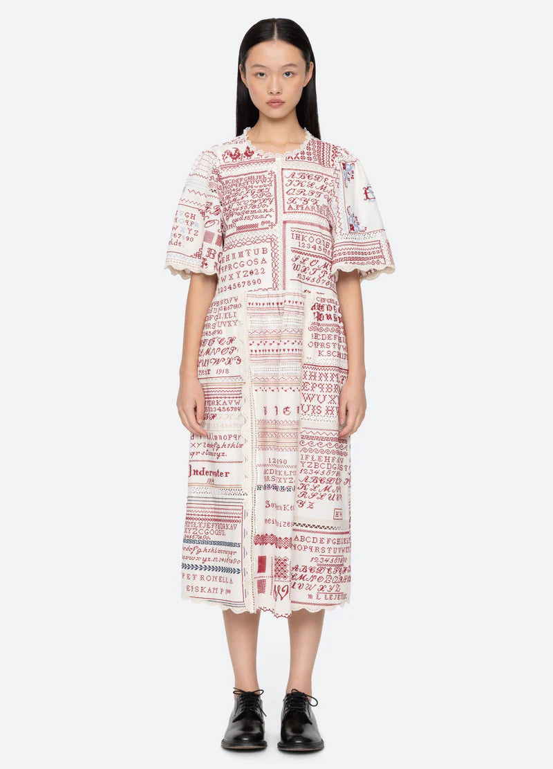 Sea New York Kit Embroidery SS Midi Dress in Cream