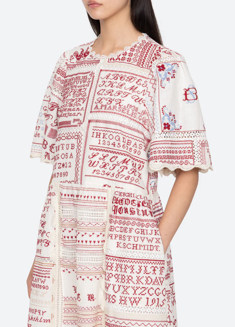 Sea New York Kit Embroidery SS Midi Dress in Cream