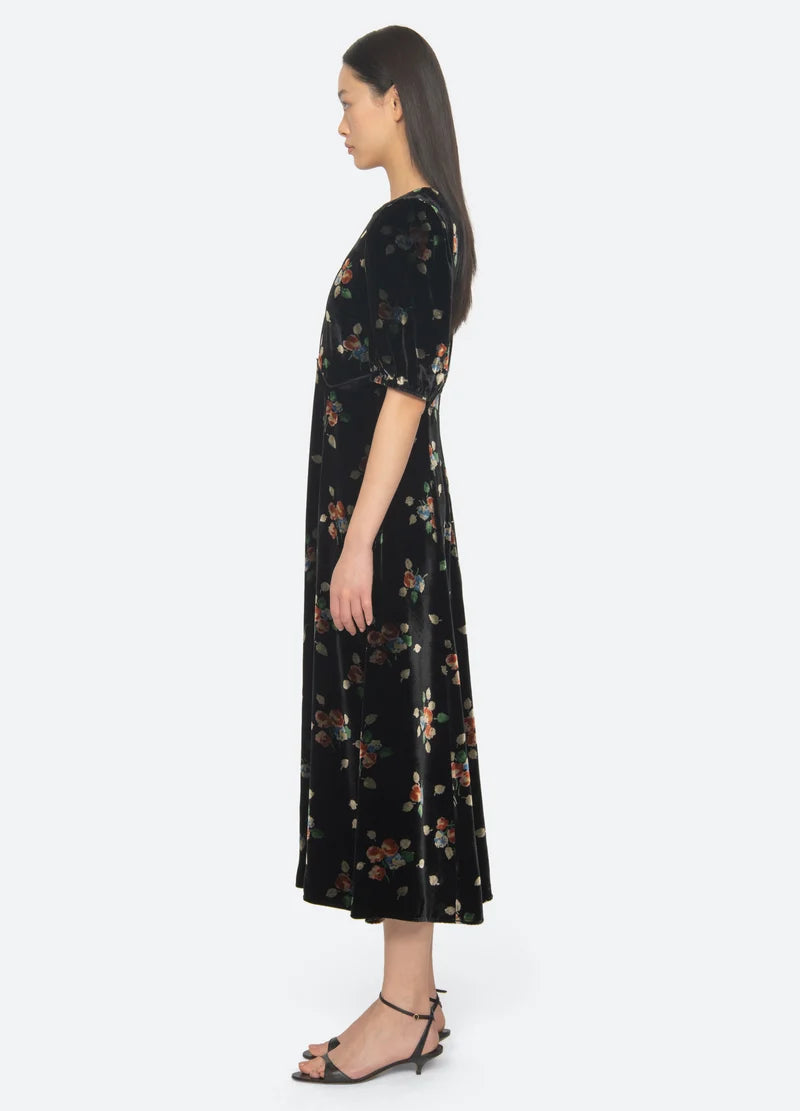 Sea New York Leda Velvet Puff Sleeve Midi Dress - Black