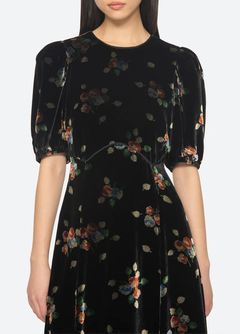 Sea New York Leda Velvet Puff Sleeve Midi Dress - Black