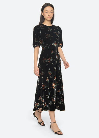 Sea New York Leda Velvet Puff Sleeve Midi Dress - Black
