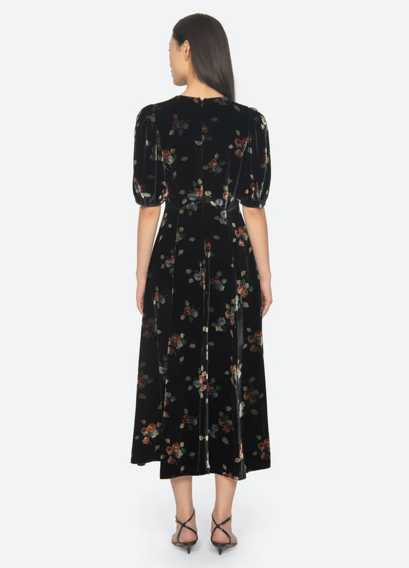 Sea New York Leda Velvet Puff Sleeve Midi Dress - Black