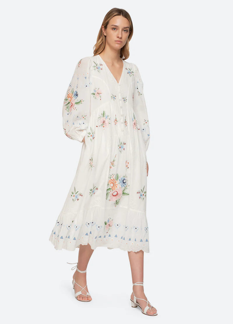 Sea New York Serafina Emb Midi Dress in Cream