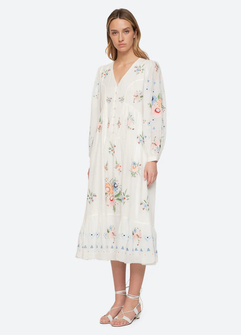 Sea New York Serafina Emb Midi Dress in Cream