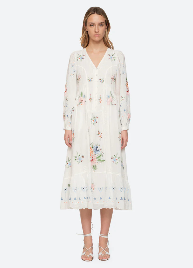 Sea New York Serafina Emb Midi Dress in Cream