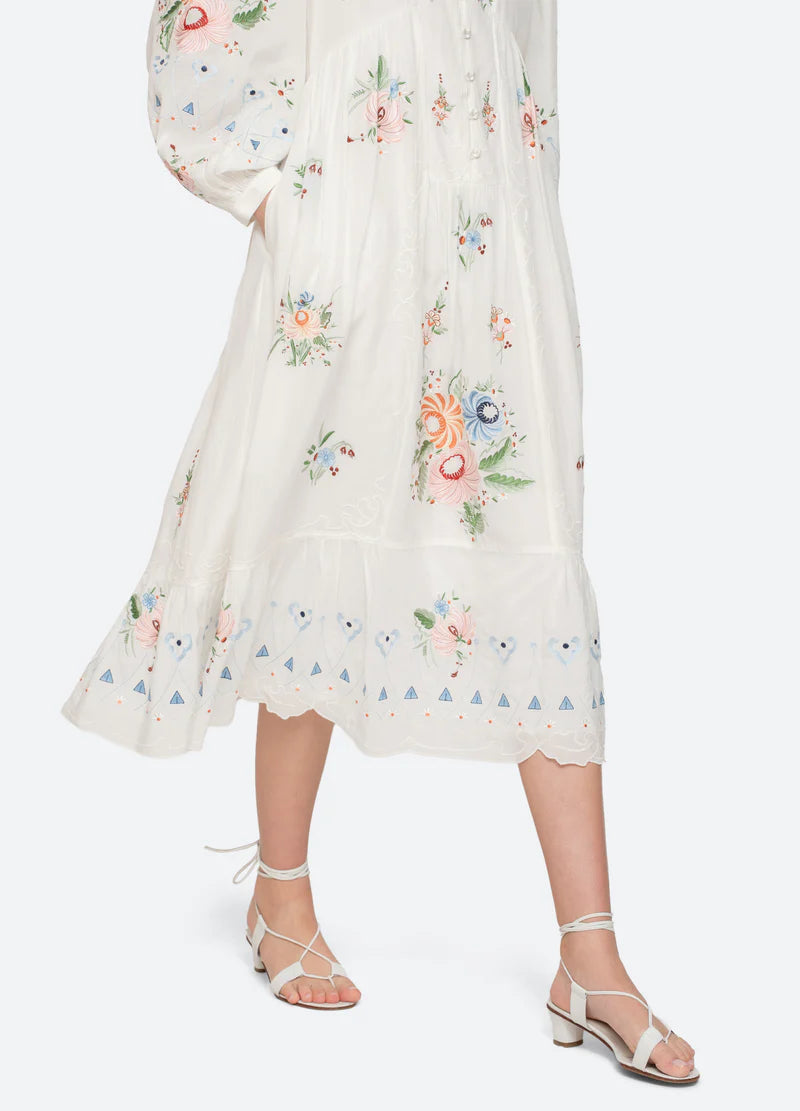 Sea New York Serafina Emb Midi Dress in Cream