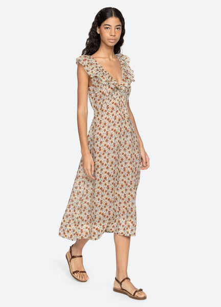 midi dresses for women near me Sea New York Viera Print Dress VENDOR COLOR-MOCHA FLORAL inspired charm Elegant Women's Sleeveless Ruched Size:Adult | 44|S