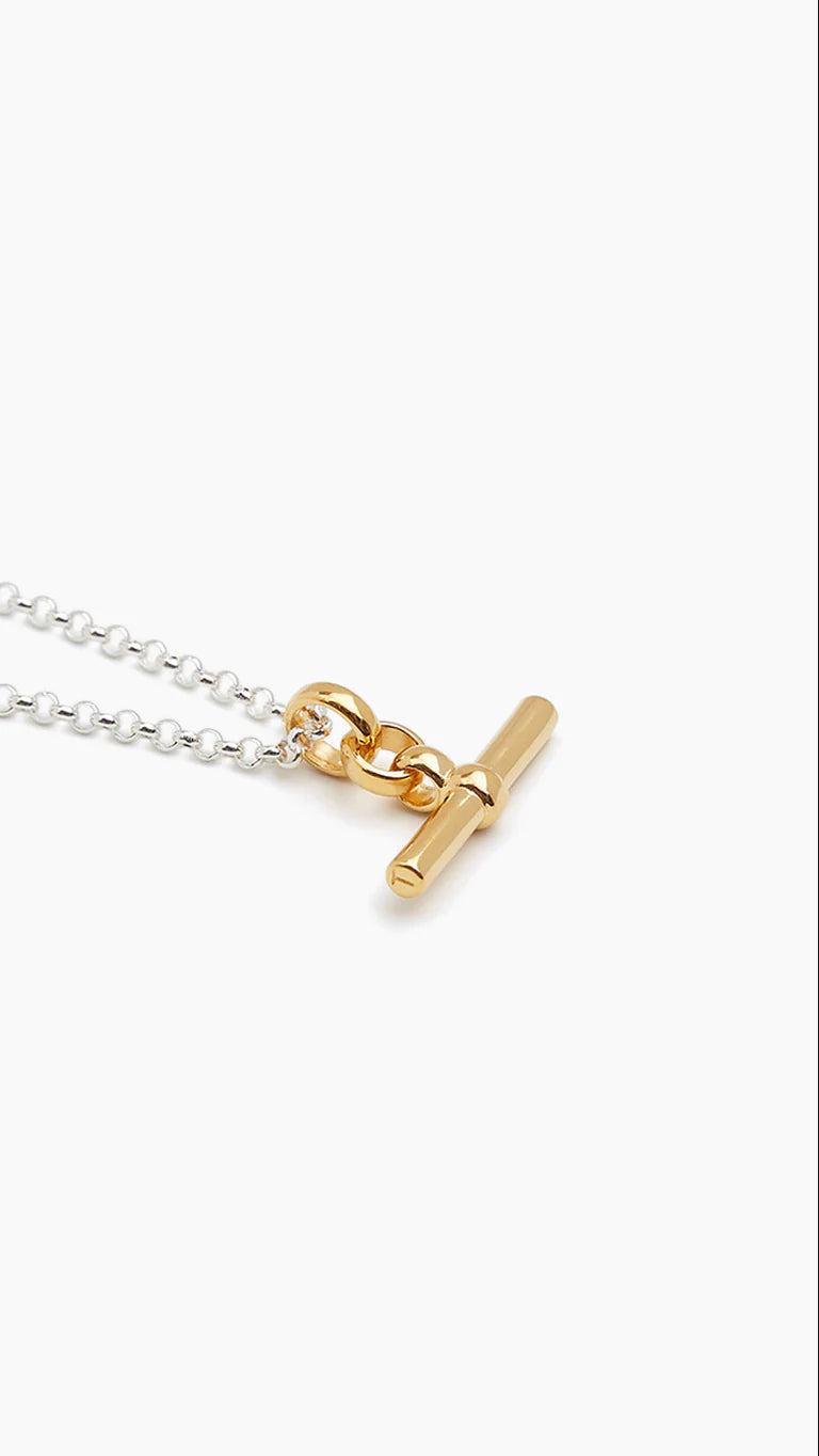 Tilly Sveaas Gold T Bar on Silver Belcher Chain